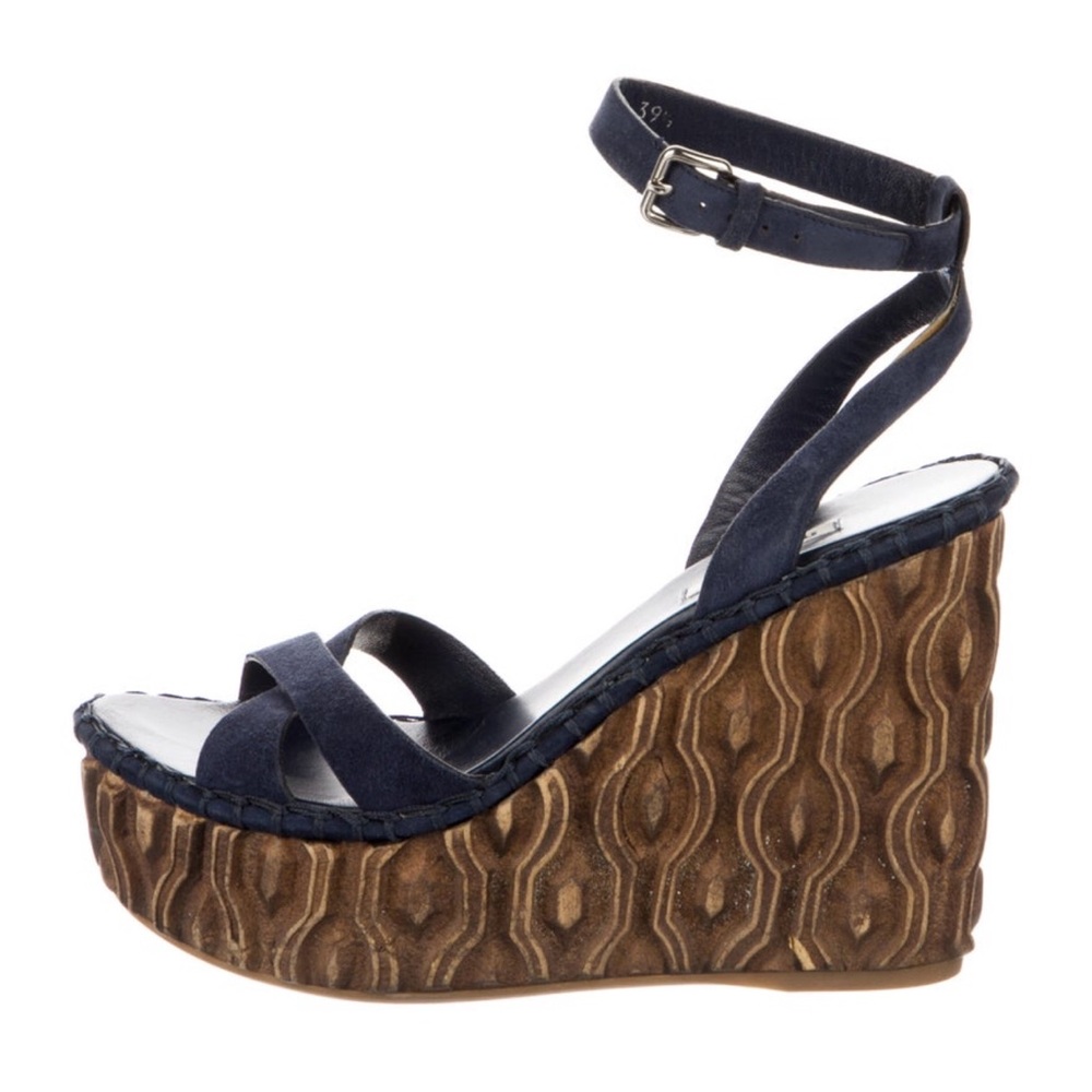Miu Miu Suede Wooden Wedge Strappy Sandals - Picture 13 of 14